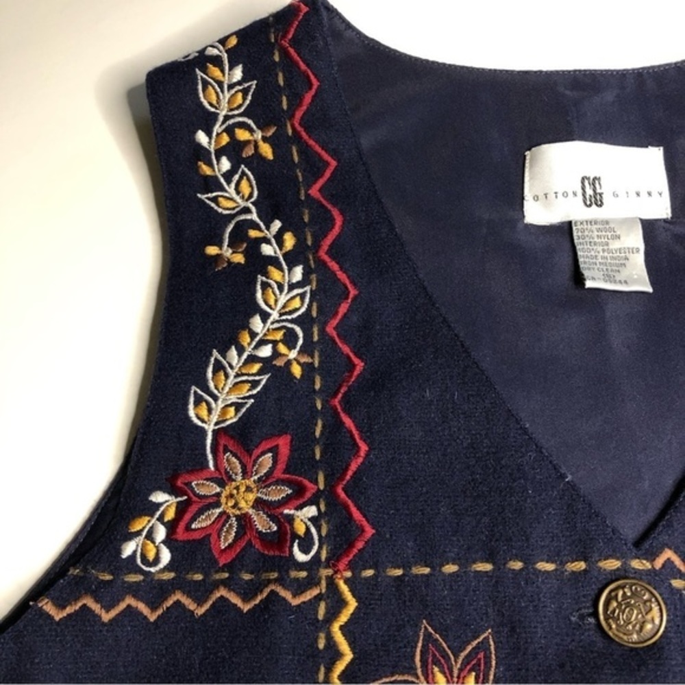 Vintage Cotton Ginny Wool Vest Embroidered Size S Navy Blue Floral - Picture 4 of 12